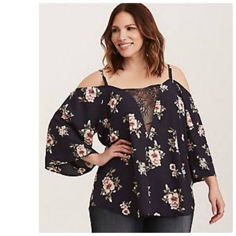 Torrid Floral Navy Blue Print Lace Inset Cold Shoulder Top Plus Size 1X▪